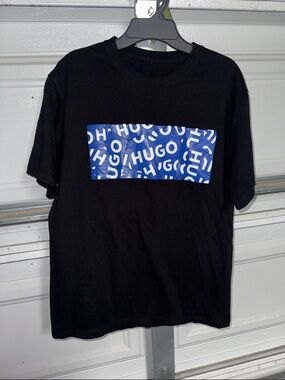 HUGO Black Tee with Blue Logo Panel